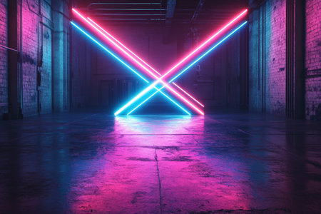 A neon lighting background with intense blue and magenta neon beams crossing each other in an X-shape, illuminating a dark, industrial backdrop.の素材