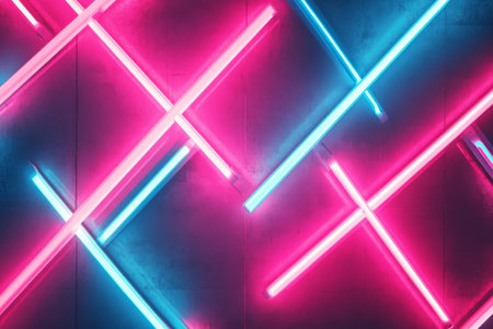 A neon lighting background featuring intersecting beams of neon pink and blue, creating a sharp, vibrant pattern that radiates energy.の素材