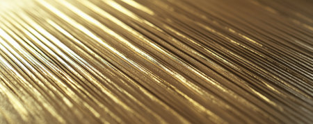 A gold textured surface with a brushed finish, showcasing fine, parallel lines that add a soft, linear texture to the reflective metal.の素材