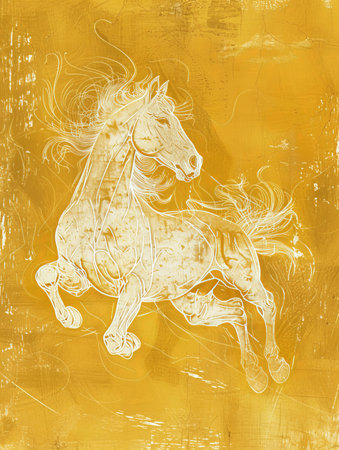 Elegant white line art of a horse on a pale golden yellow textured background. The horse is depicted with a flowing mane and a strong stance.の素材