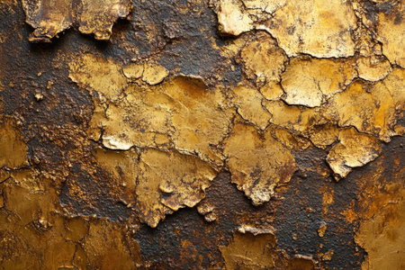 A gold textured surface with a heavily corroded finish, showing deep pits and variances in tone, reminiscent of ancient, buried treasures.の素材