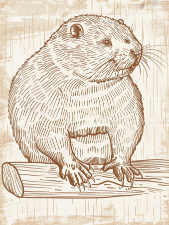 White line drawing of a beaver on a light brown wood-grain background with subtle texture. The beaver is depicted with its tail flat.の素材