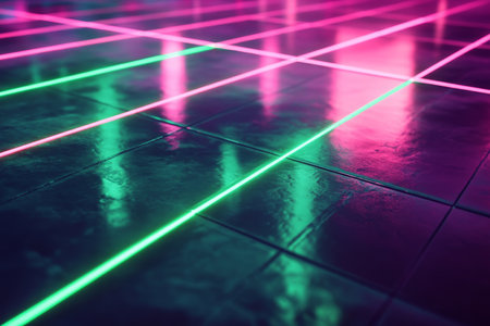 A neon lighting background featuring a grid of intersecting green and magenta neon lines, casting a vibrant glow over a sleek, dark surface.の素材
