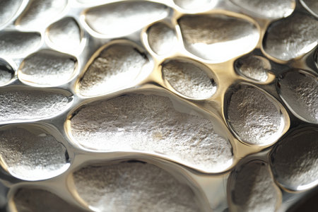 A silver textured surface with a dimpled pattern, creating a tactile, pebble-like texture across the surface, reflecting light subtly.の素材