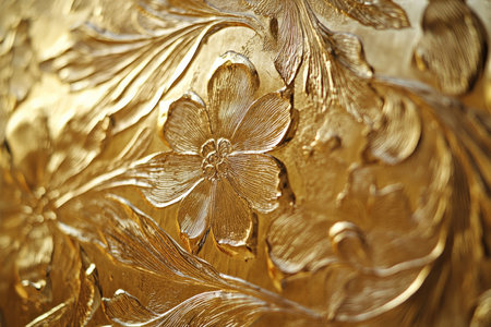 A gold textured surface featuring intricate, engraved floral patterns that create an elegant, ornate appearance.の素材