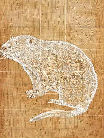 White line drawing of a beaver on a light brown wood-grain background with subtle texture. The beaver is depicted with its tail flat.の素材