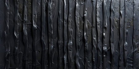 A dark black textured surface with a series of vertical grooves and ridges. The pattern creates a sense of depth and dimensionality.の素材