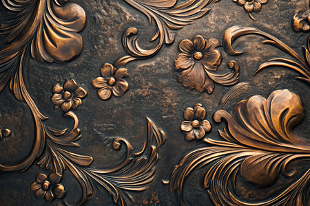 A bronze textured surface with intricate, engraved designs, creating an ornate, three-dimensional effect that enhances the metalÃ¢â¬â¢s richness.の素材