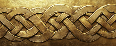A gold textured surface with intricate, Celtic knotwork patterns engraved into the metal, adding a touch of ancient craftsmanship and elegance.の素材