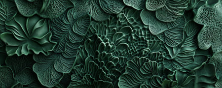 A dark green textured surface with intricate, raised patterns that create a tactile, three-dimensional effect, resembling lush foliage.の素材