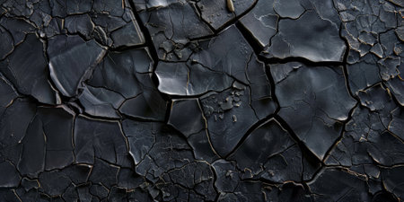 A dark black textured surface with a cracked, weathered look. The texture resembles old, distressed asphalt or aged concrete.の素材