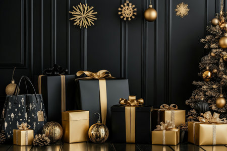 A chic, black and gold background with luxurious sale signs, gift boxes, and shopping bags, creating an elegant shopping atmosphere.の素材