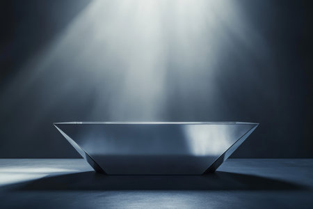 A sleek, silver podium with sharp angles, set against a dark, moody background with soft, diffused light highlighting the podiumÃ¢â¬â¢s surface.の素材