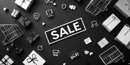 A dynamic, black and white background featuring bold "SALE" text, surrounded by minimalistic shopping icons and discount labels, creating a stylish contrast.の素材