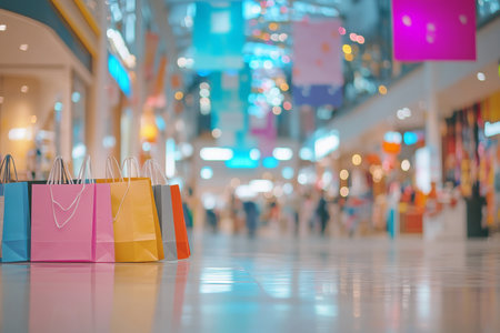 A vibrant shopping mall scene with colorful sale banners, discount signs, and a variety of shopping bags in the foreground, with a blurred crowd in the background.の素材