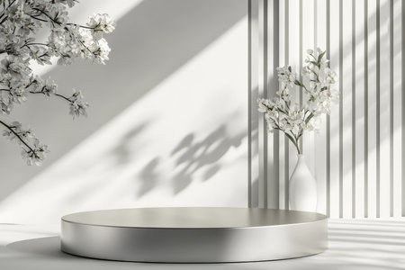 A sleek, silver podium with a matte finish, set against a modern, abstract background with soft, geometric shapes and cool tones, creating a minimalist look.の素材