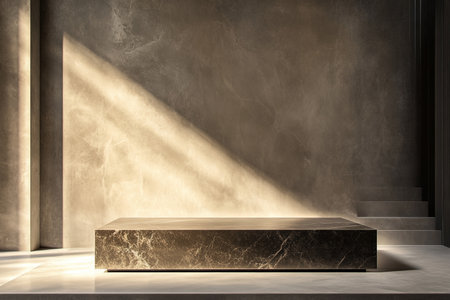 A sleek, polished stone podium with a matte finish, placed against a minimalist backdrop with subtle textures and soft, ambient lighting.の素材