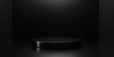 A glossy black podium with a smooth, reflective surface, set against a dark, minimalist background with subtle lighting to create depth and contrast.の素材