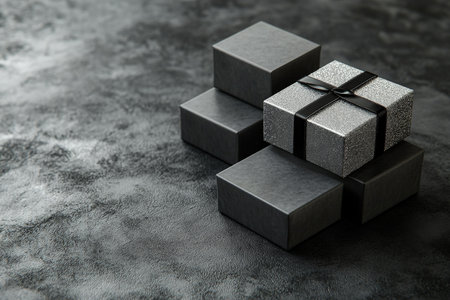 A sophisticated, modern background featuring sleek, black and silver gift boxes, placed on a dark, textured surface with subtle highlights and elegant shadows.の素材