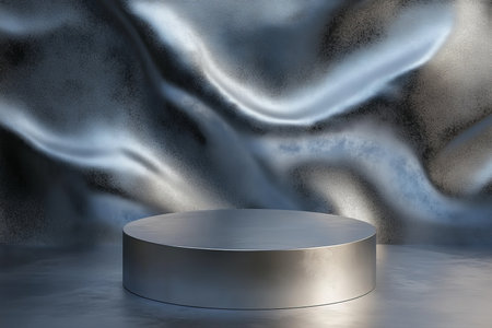 A silver podium with a matte surface, set against a backdrop of abstract, metallic patterns in cool tones, with soft lighting to highlight the textures.の素材
