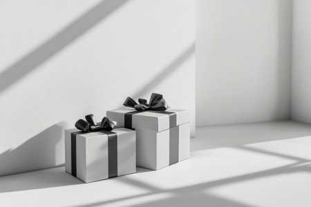A sophisticated, minimalist background with sleek, monochrome gift boxes, placed on a clean, white surface with sharp, modern lines and subtle shadows.の素材