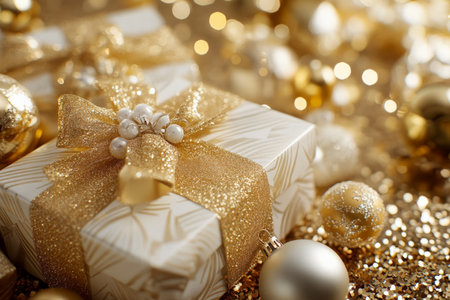 A luxurious, golden-themed background with elegantly wrapped gift boxes in gold and white, adorned with satin ribbons and sparkling ornaments on a shimmering surface.の素材