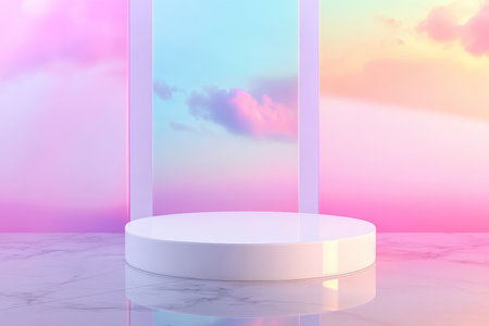 A minimalist white podium with a polished surface, standing on a smooth, reflective floor, with a backdrop of pastel gradient colors creating a calm, modern feel.の素材