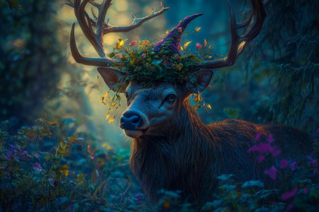 A majestic stag wearing a witch hat adorned with vines, standing in an enchanted forest bathed in twilight.の素材
