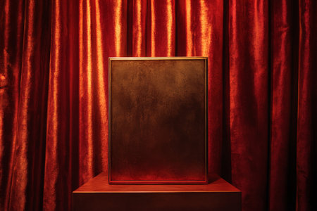A bronze podium with a rustic finish, placed in front of a backdrop of deep red velvet curtains, with warm lighting creating a luxurious ambiance.の素材
