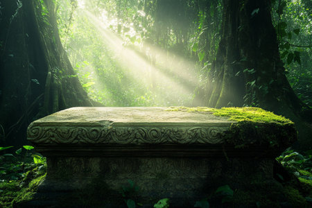 A weathered stone podium with moss-covered surfaces, placed in a dense forest with shafts of sunlight breaking through the canopy.の素材