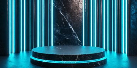 A black marble stone podium with sharp edges, set against a futuristic backdrop with metallic textures and blue neon lights.の素材