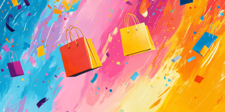 A colorful, whimsical background with floating shopping bags, sale tags, and playful, swirling confetti, set against a bright, cheerful color palette.の素材