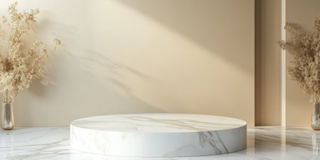 A circular white podium with smooth curves, placed on a polished marble floor with a neutral beige background and subtle lighting for a sophisticated presentation.の素材