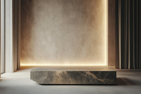 A sleek, polished stone podium with a matte finish, placed against a minimalist backdrop with subtle textures and soft, ambient lighting.の素材