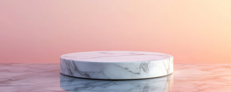 A white marble stone podium with clean, elegant lines, standing on a reflective surface with a minimalist, gradient background in soft pastel tones.の素材