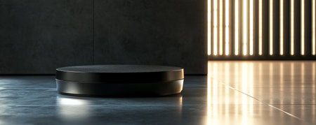 A glossy black podium with smooth, rounded edges, standing on a reflective floor with a dark, minimalist background and subtle light effects.の素材