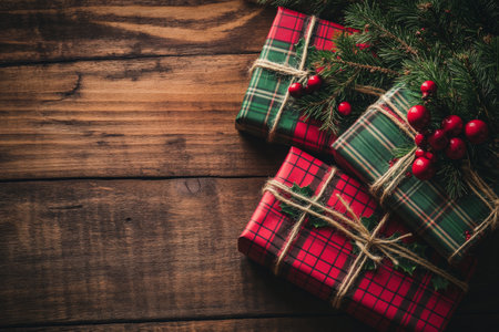 A cozy, holiday-themed background with gifts wrapped in red and green plaid, topped with sprigs of pine and holly, placed on a rustic wooden surface.の素材