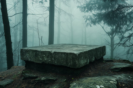 A weathered stone podium with visible cracks, placed in a mysterious, foggy forest with soft, eerie lighting filtering through the trees.の素材