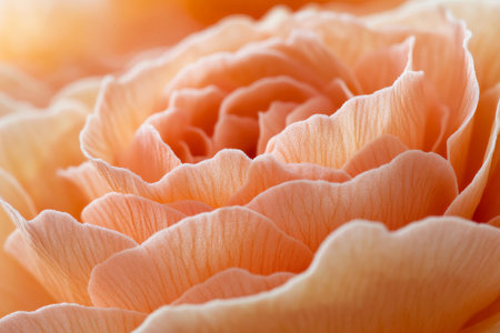 A close-up macro shot of soft, peach-colored ranunculus petals, with intricate details and a warm, inviting glow, perfect for a romantic background.の素材