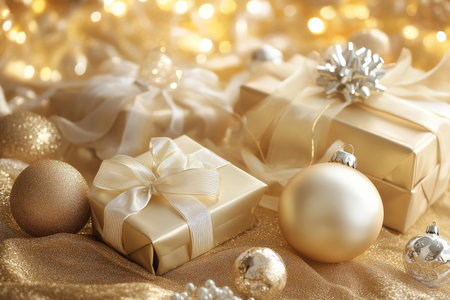 A luxurious, golden-themed background with elegantly wrapped gift boxes in gold and white, adorned with satin ribbons and sparkling ornaments on a shimmering surface.の素材