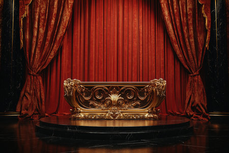A luxurious, gold-plated podium with intricate designs, standing on a polished black floor, with a rich, deep red curtain backdrop.の素材