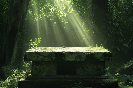 A weathered stone podium with moss-covered surfaces, placed in a dense forest with shafts of sunlight breaking through the canopy.の素材