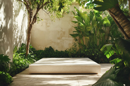 A simple, elegant stone podium made of white limestone, placed in a peaceful, open-air courtyard with lush greenery and a gentle breeze.の素材
