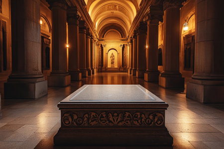 A polished granite stone podium with intricate carvings, placed in a grand, ancient hall with towering stone columns and soft, warm lighting.の素材