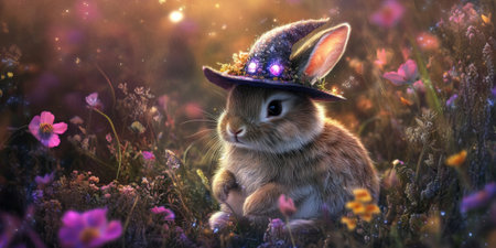 A charming rabbit with soft fur, wearing a witch hat with a sparkling gem, sitting in a magical garden filled with glowing flowers.の素材