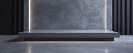 A gray stone podium with a smooth finish, standing in a minimalistic, empty room with soft, indirect lighting.の素材