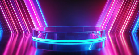 A transparent glass podium with sharp lines, standing on a reflective surface with a futuristic background of glowing neon lights and abstract patterns.の素材