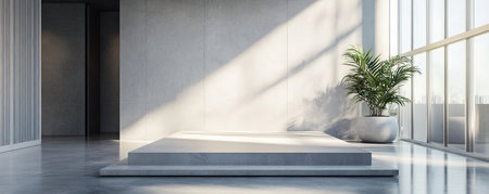 A simple stone podium made of smooth, gray concrete, placed in a sleek, modern architectural space with large windows and natural light.の素材