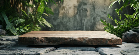 A rustic wooden podium with a rough texture, standing on a stone floor with a background of natural elements, like plants and rocks, creating an earthy, organic feel.の素材