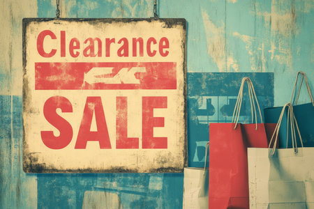 A retro-themed background with vintage sale posters, old-fashioned shopping bags, and a faded "Clearance Sale" sign, all set against a nostalgic color palette.の素材